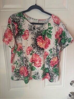 Alfred Dunner White Floral Short Sleeve Top - Pink & Green
